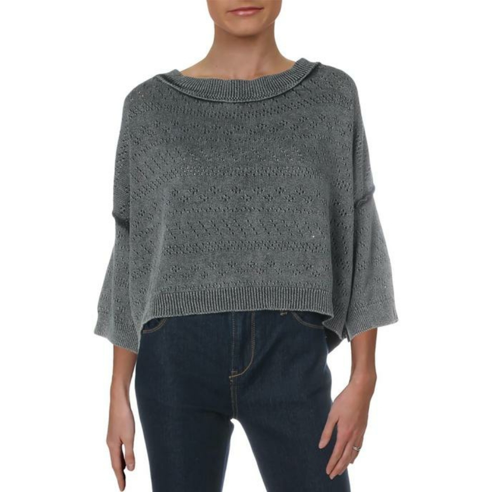 FREE PEOPLE Sandcastles Pointelle Knit Seamed Elbow Sleeve Cropped  Sweater